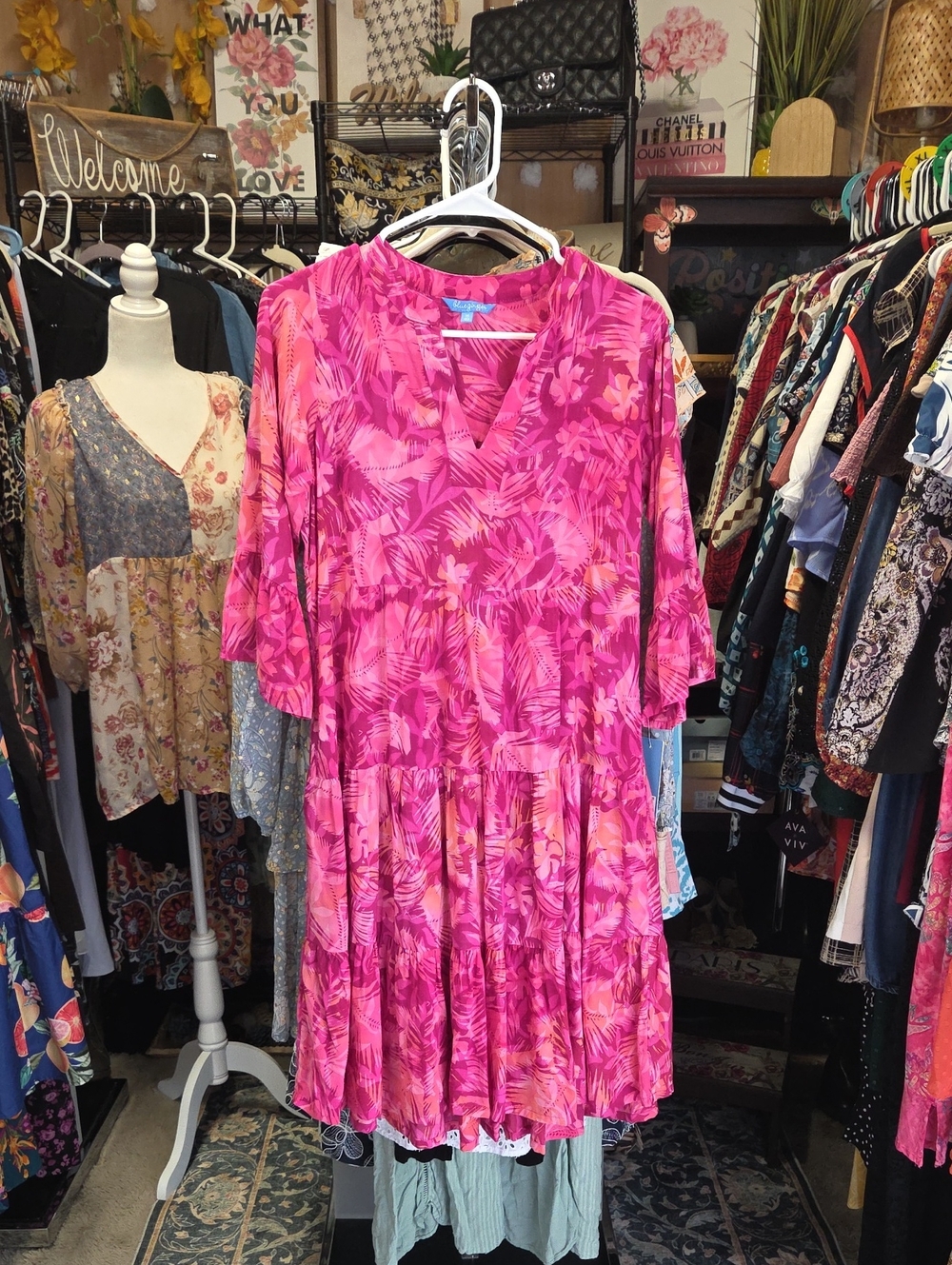 Women's Floral Tiered Midi Dress in Bright Pink